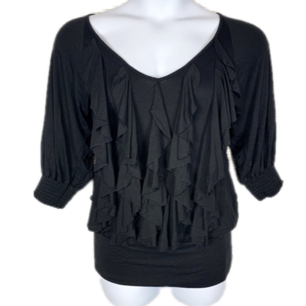 Bebe black ruffle front tunic with balloon sleeves stretchy Sz S